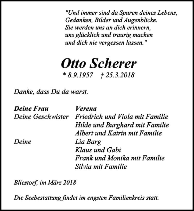  Traueranzeige für Otto Scherer vom 01.04.2018 aus Lübecker Nachrichten