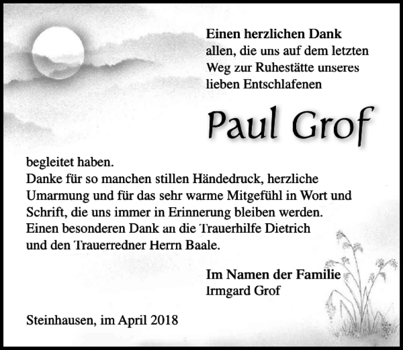 Traueranzeige für Paul Grof vom 28.04.2018 aus Ostsee-Zeitung