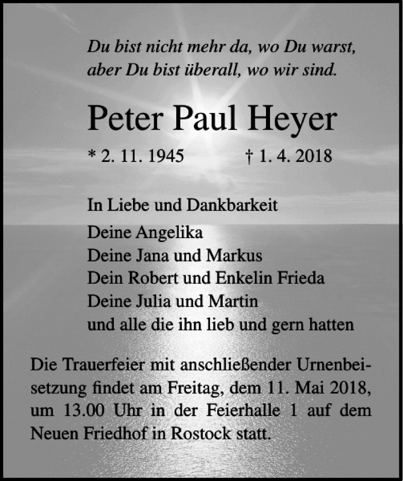  Traueranzeige für Peter Paul Heyer vom 14.04.2018 aus Ostsee-Zeitung