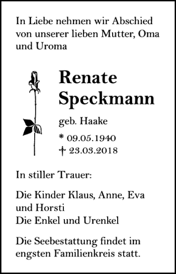 Traueranzeige von Renate Speckmann von Lübecker Nachrichten