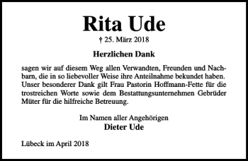 Traueranzeige von Rita Ude von Lübecker Nachrichten