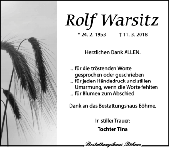 Traueranzeige von Rolf Warsitz von Torgauer Zeitung