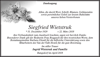 Traueranzeige von Siegfried Wietstruk von MAZ-Trauer.de