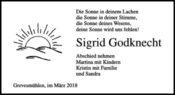 Traueranzeige von Sigrid Godknecht von Ostsee-Zeitung