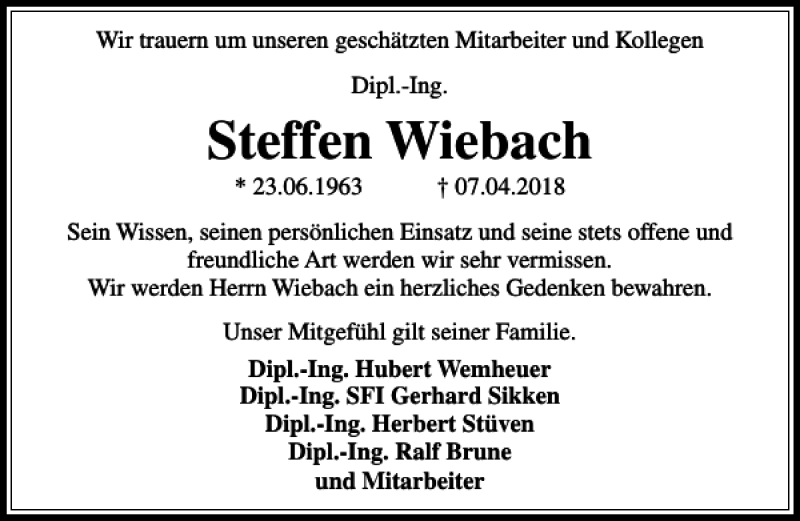  Traueranzeige für Steffen Wiebach vom 14.04.2018 aus HAZ/NP