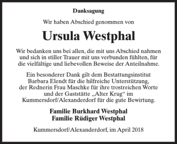 Traueranzeige von Ursula Westphal von MAZ-Trauer.de