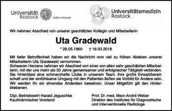Traueranzeige von Uta Gradewald von Ostsee-Zeitung
