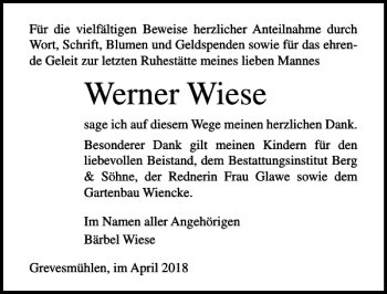 Traueranzeige von Werner Wiese von Ostsee-Zeitung