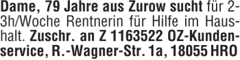 Traueranzeige von für Zuschr. an Z OZ-Kunden-service R.-Wagner-Str. HRO  von Ostsee-Zeitung