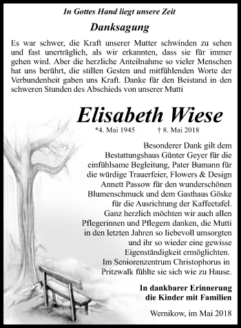 Traueranzeige von Elisabeth Wiese von Märkische Allgemeine Zeitung