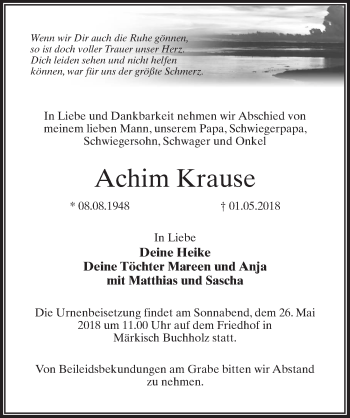 Traueranzeige von Achim Krause von Märkischen Allgemeine Zeitung