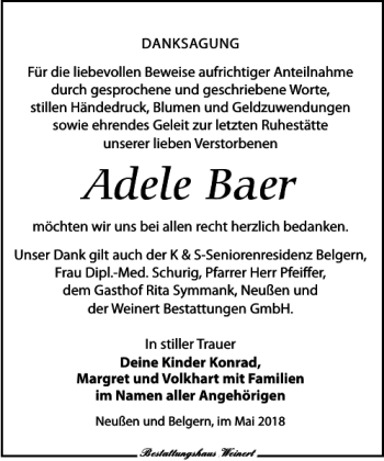Traueranzeige von Adele Baer von Torgauer Zeitung