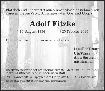 Traueranzeige von Adolf Fitzke von Aller Zeitung