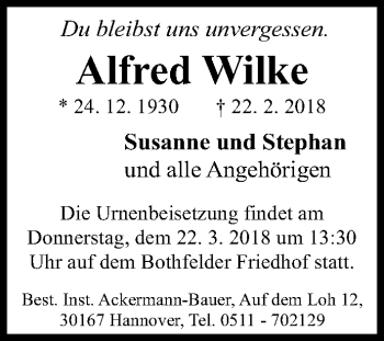 Traueranzeige von Alfred Wilke von Hannoversche Allgemeine Zeitung/Neue Presse