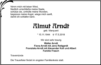 Traueranzeige von Almut Arndt von Lübecker Nachrichten