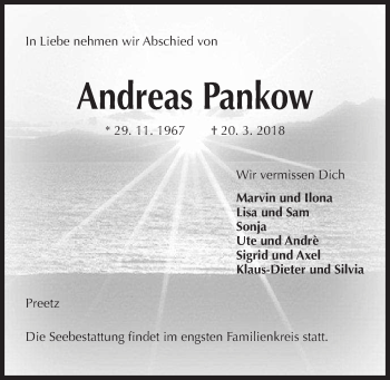 Traueranzeige von Andreas Pankow von Kieler Nachrichten