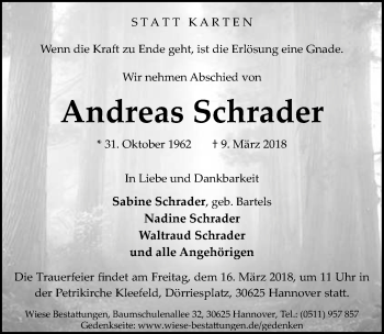 Traueranzeige von Andreas Schrader von Hannoversche Allgemeine Zeitung/Neue Presse