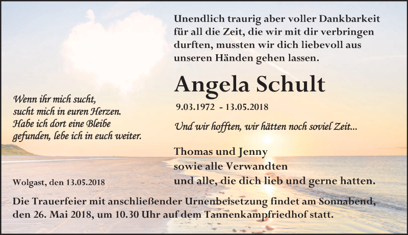  Traueranzeige für Angela Schult vom 19.05.2018 aus Ostsee-Zeitung GmbH