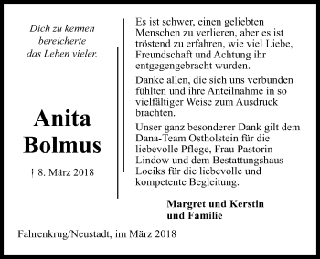 Traueranzeige von Anita Bolmus von Kieler Nachrichten