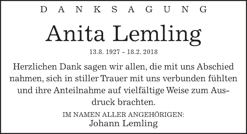  Traueranzeige für Anita Lemling vom 03.03.2018 aus Göttinger Tageblatt