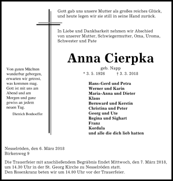 Traueranzeige von Anna Cierpka von Eichsfelder Tageblatt