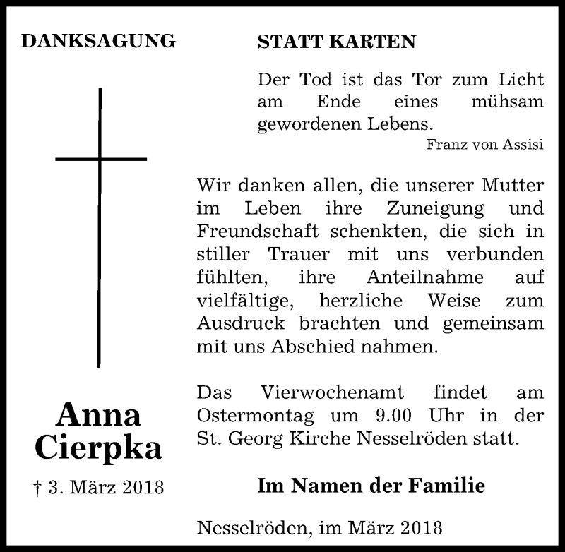  Traueranzeige für Anna Cierpka vom 17.03.2018 aus Eichsfelder Tageblatt