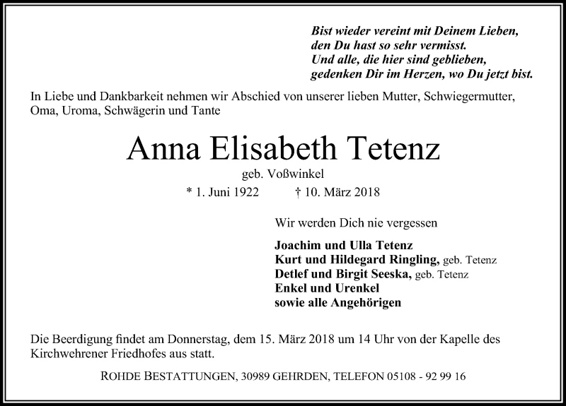  Traueranzeige für Anna Elisabeth Tetenz vom 14.03.2018 aus Hannoversche Allgemeine Zeitung/Neue Presse