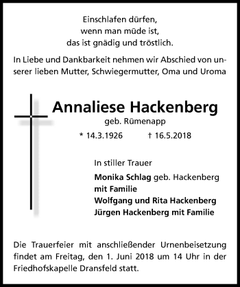 Traueranzeige von Annaliese Hackenberg von Göttinger Tageblatt