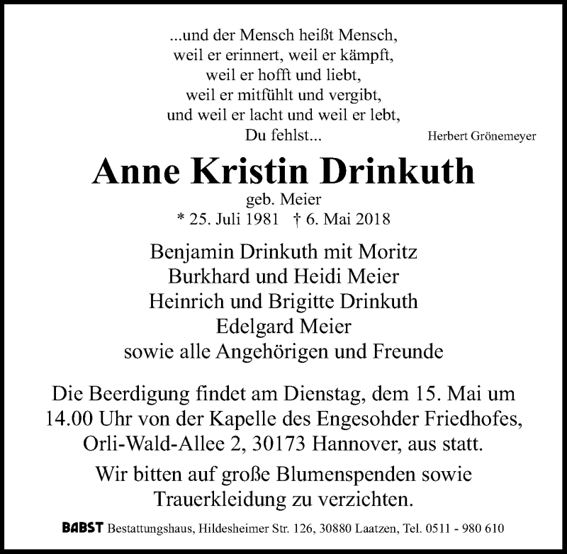  Traueranzeige für Anne Kristin Drinkuth vom 12.05.2018 aus Hannoversche Allgemeine Zeitung/Neue Presse