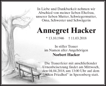 Traueranzeige von Annegret Hacker von Märkischen Allgemeine Zeitung