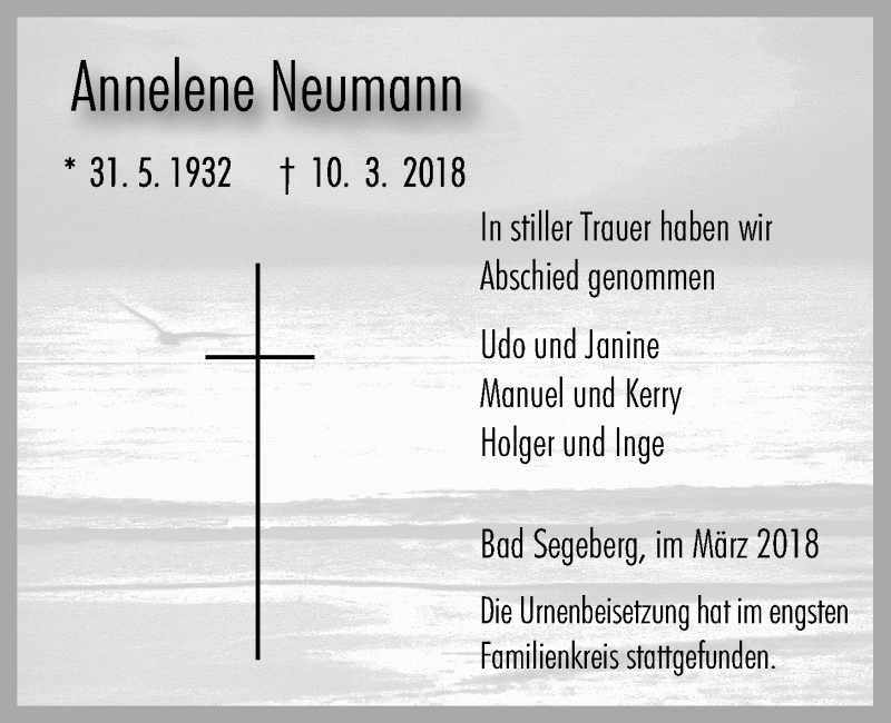  Traueranzeige für Annelene Neumann vom 28.03.2018 aus Kieler Nachrichten