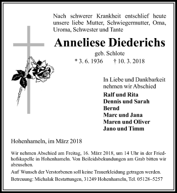 Traueranzeige von Anneliese Diederichs von Peiner Allgemeine Zeitung