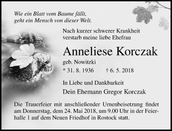 Traueranzeige von Anneliese Korczak von Ostsee-Zeitung GmbH