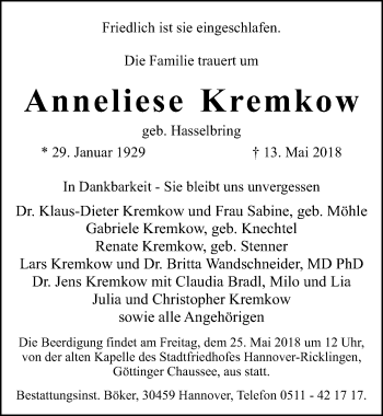Traueranzeige von Anneliese Kremkow von Hannoversche Allgemeine Zeitung/Neue Presse