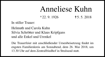 Traueranzeige von Anneliese Kuhn von Ostsee-Zeitung GmbH