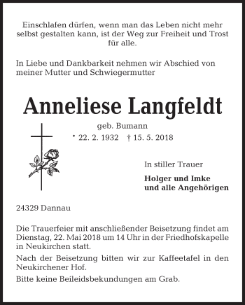 Traueranzeige von Anneliese Langfeldt von Kieler Nachrichten