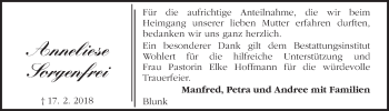 Traueranzeige von Anneliese Sorgenfrei von Kieler Nachrichten
