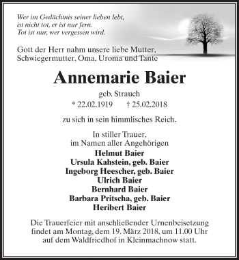 Traueranzeige von Annemarie Baier von Märkischen Allgemeine Zeitung