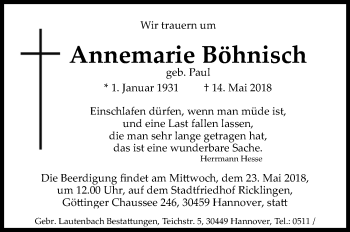 Traueranzeige von Annemarie Böhnisch von Hannoversche Allgemeine Zeitung/Neue Presse