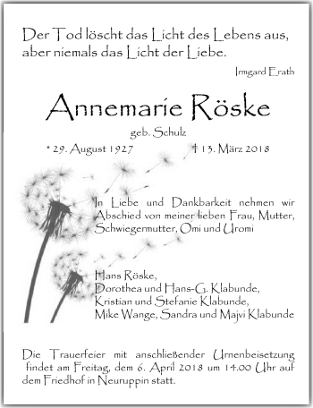 Traueranzeige von Annemarie Röske von Märkischen Allgemeine Zeitung
