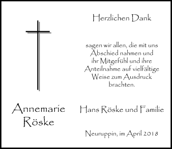 Traueranzeige von Annemarie Röske von Märkischen Allgemeine Zeitung