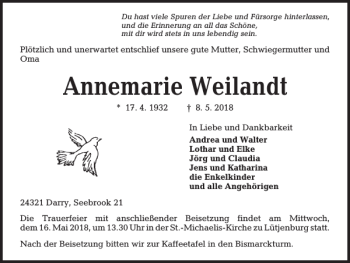 Traueranzeige von Annemarie Weilandt von Kieler Nachrichten / Segeberger Zeitung