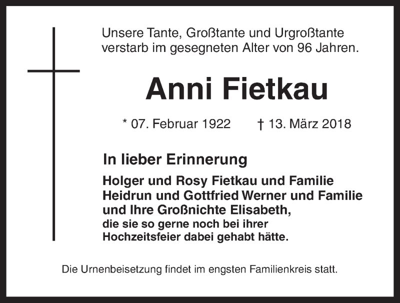  Traueranzeige für Anni Fietkau vom 17.03.2018 aus Kieler Nachrichten