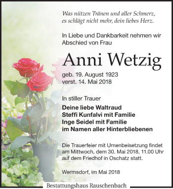 Traueranzeige von Anni Wetzig von Leipziger Volkszeitung