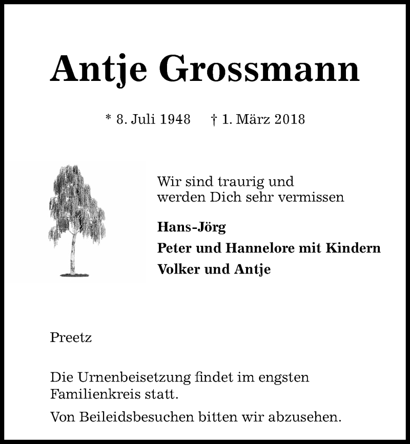  Traueranzeige für Antje Grossmann vom 10.03.2018 aus Kieler Nachrichten