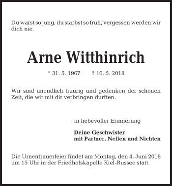 Traueranzeige von Arne Witthinrich von Kieler Nachrichten