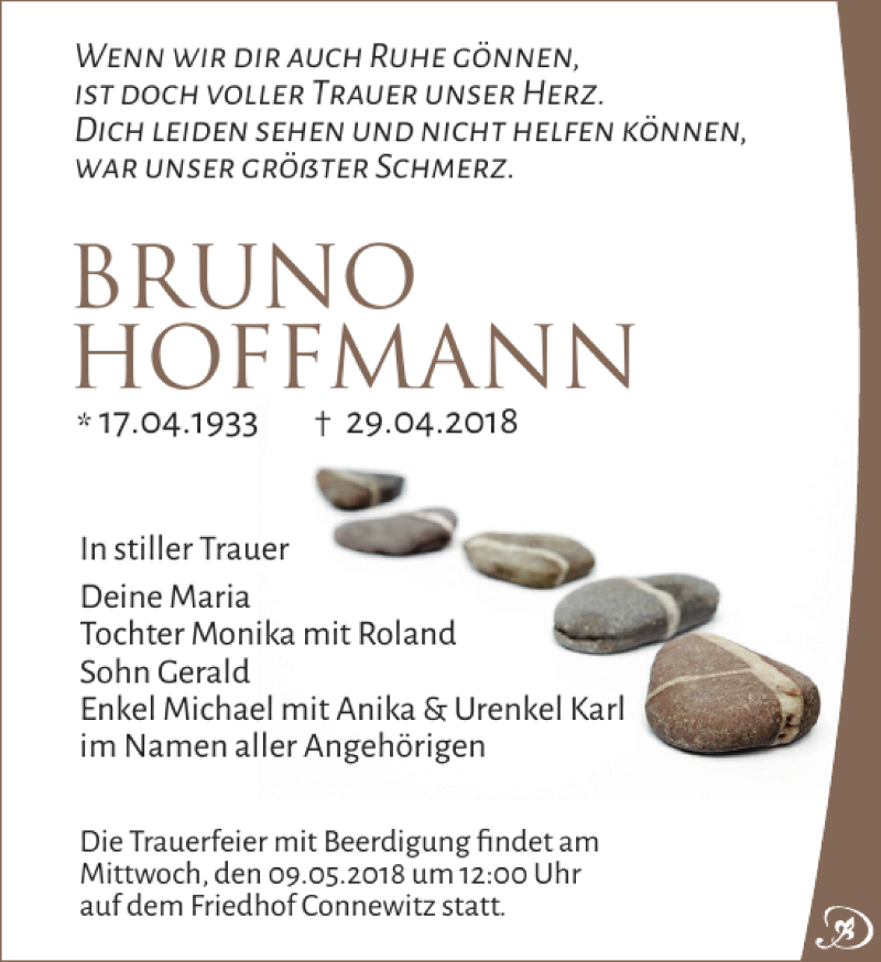  Traueranzeige für BRUNO HOFFMANN vom 05.05.2018 aus Leipziger Volkszeitung