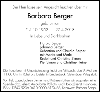 Traueranzeige von Barbara Berger von Hannoversche Allgemeine Zeitung/Neue Presse