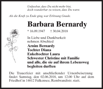 Traueranzeige von Barbara Bernardy von Märkischen Allgemeine Zeitung