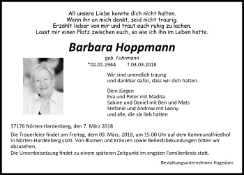 Traueranzeige von Barbara Hoppmann von Göttinger Tageblatt